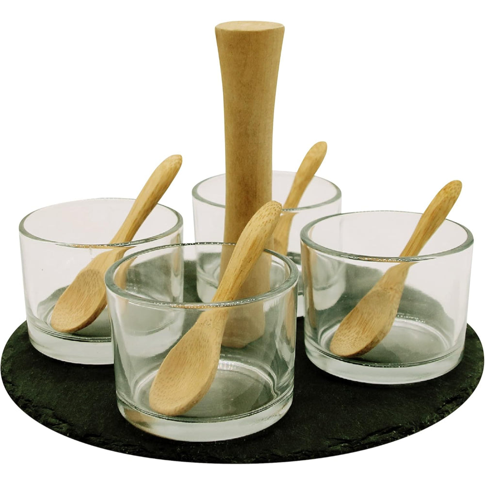 Cuisine Art Round Slate Serving Set with 4 Glass Bowls