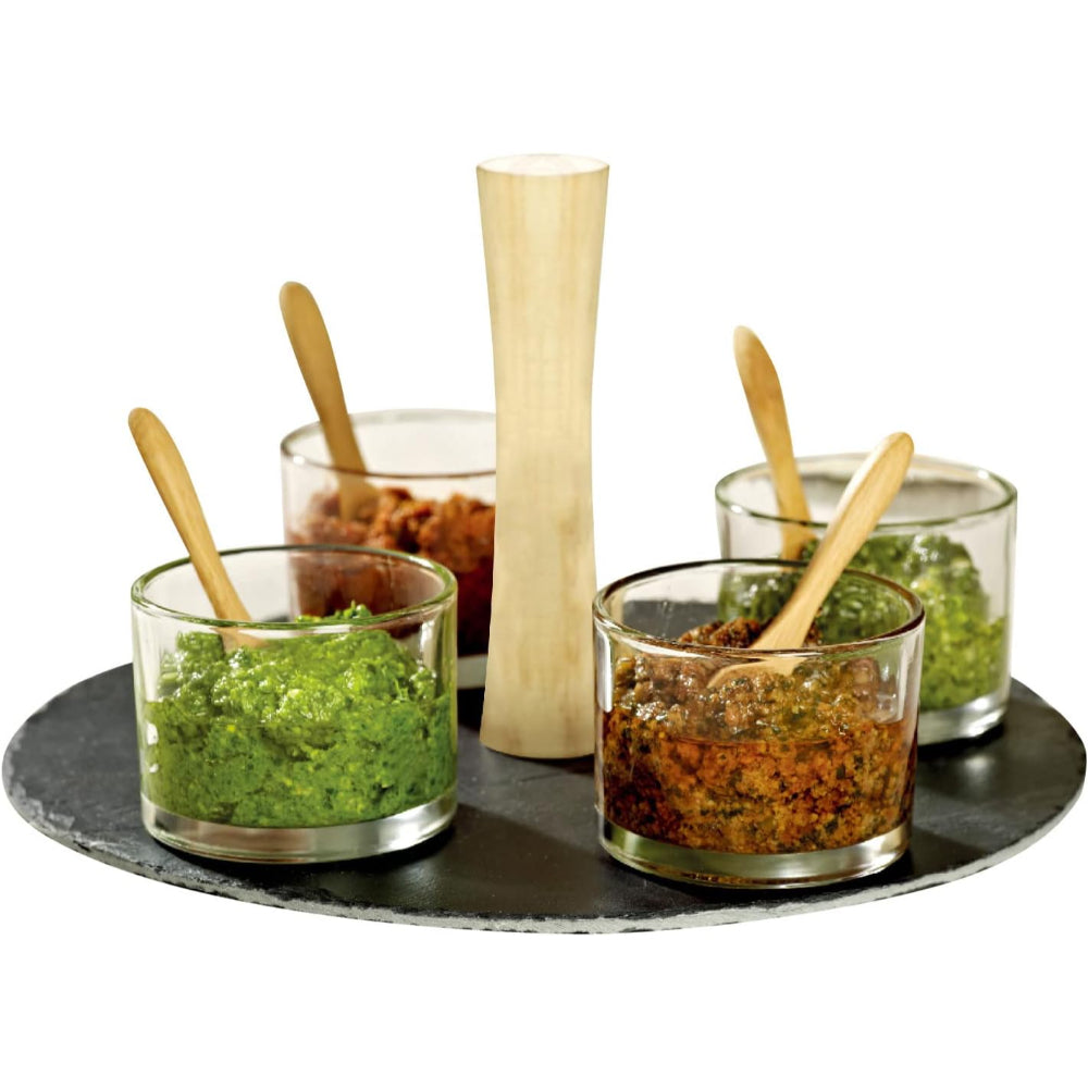 مجموعة تقديم دائرية من الأردواز من كوزين آرت مع 4 أوعية زجاجية