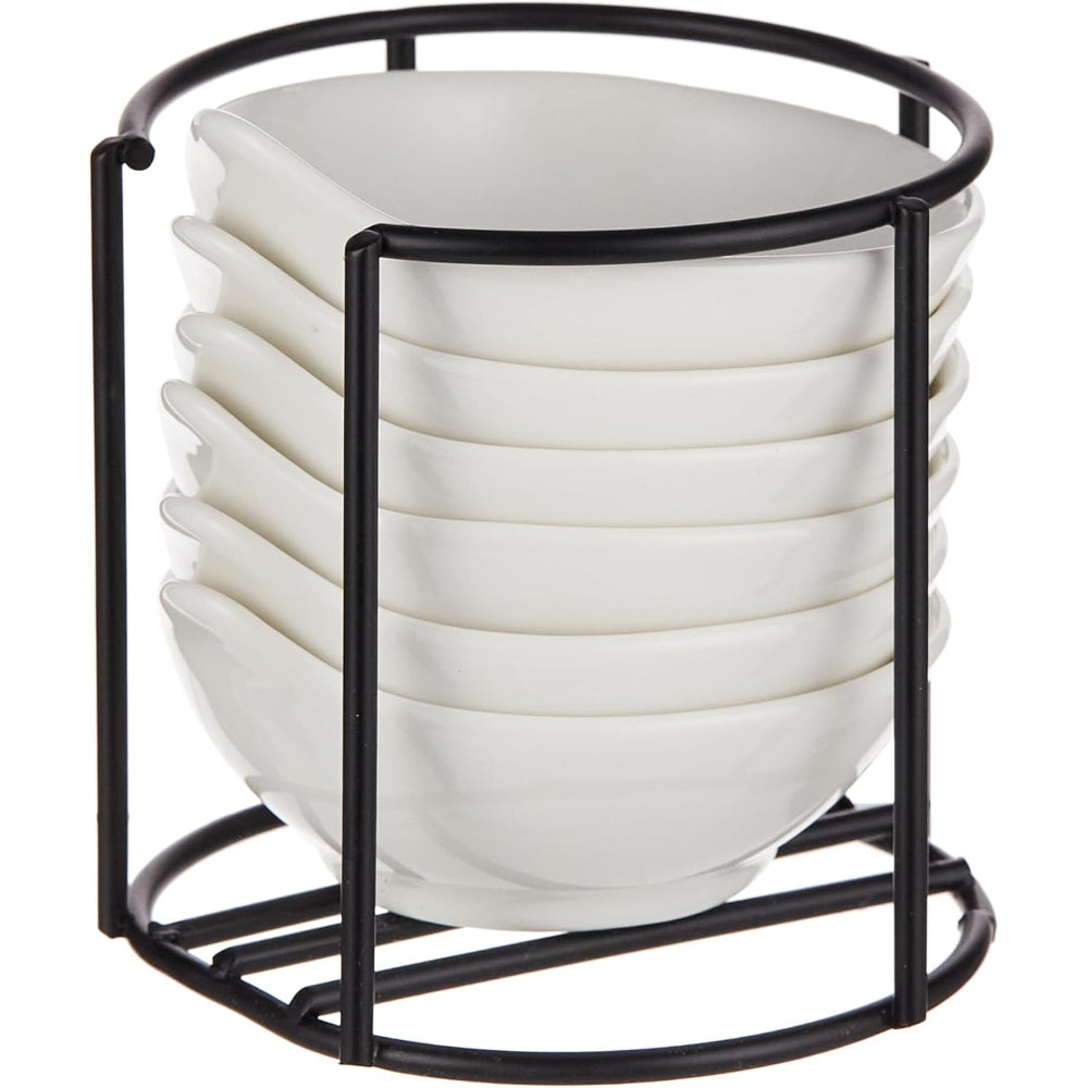 Cuisine Art 6pcs Ceramic Dish Set with Metal Rack Ramen Noodle Rice Bowl, Microwave Safe Appetizer Bowls, Sturdy Mixing Bowls for Pasta, Deep Soup Bowl for Family Kitchen