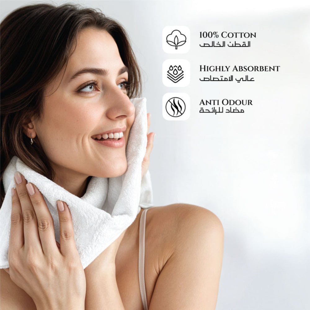 طقم مناشف قطنية فاخرة من كوتون هوم، مكون من 8 قطع: 4 مناشف للوجه (30×30 سم)، منشفتان لليدين (40×70 سم)، منشفتان للاستحمام (70×140 سم)، وزن 600 غرام/متر مربع، سريع الجفاف ومتين.