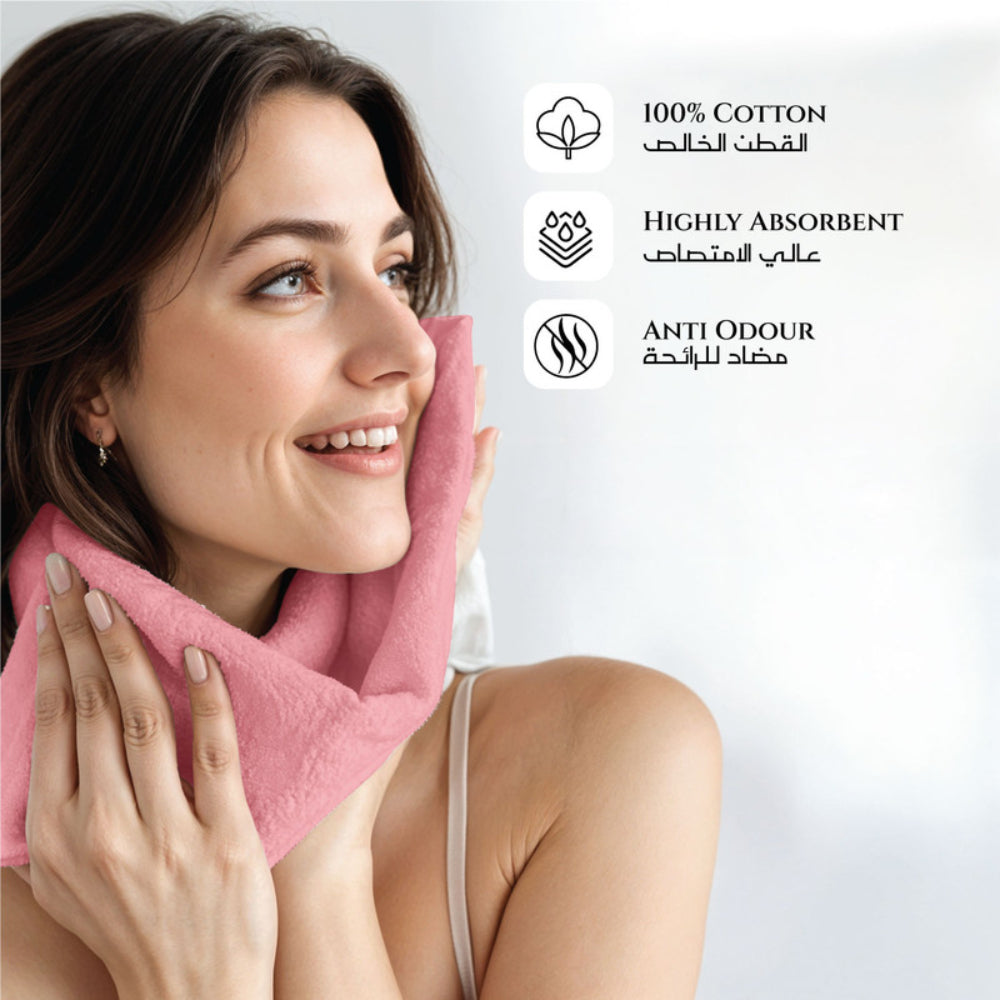 طقم مناشف قطنية فاخرة من كوتون هوم، مكون من 8 قطع: 4 مناشف للوجه (30×30 سم)، منشفتان لليدين (40×70 سم)، منشفتان للاستحمام (70×140 سم)، وزن 600 غرام/متر مربع، سريع الجفاف ومتين.