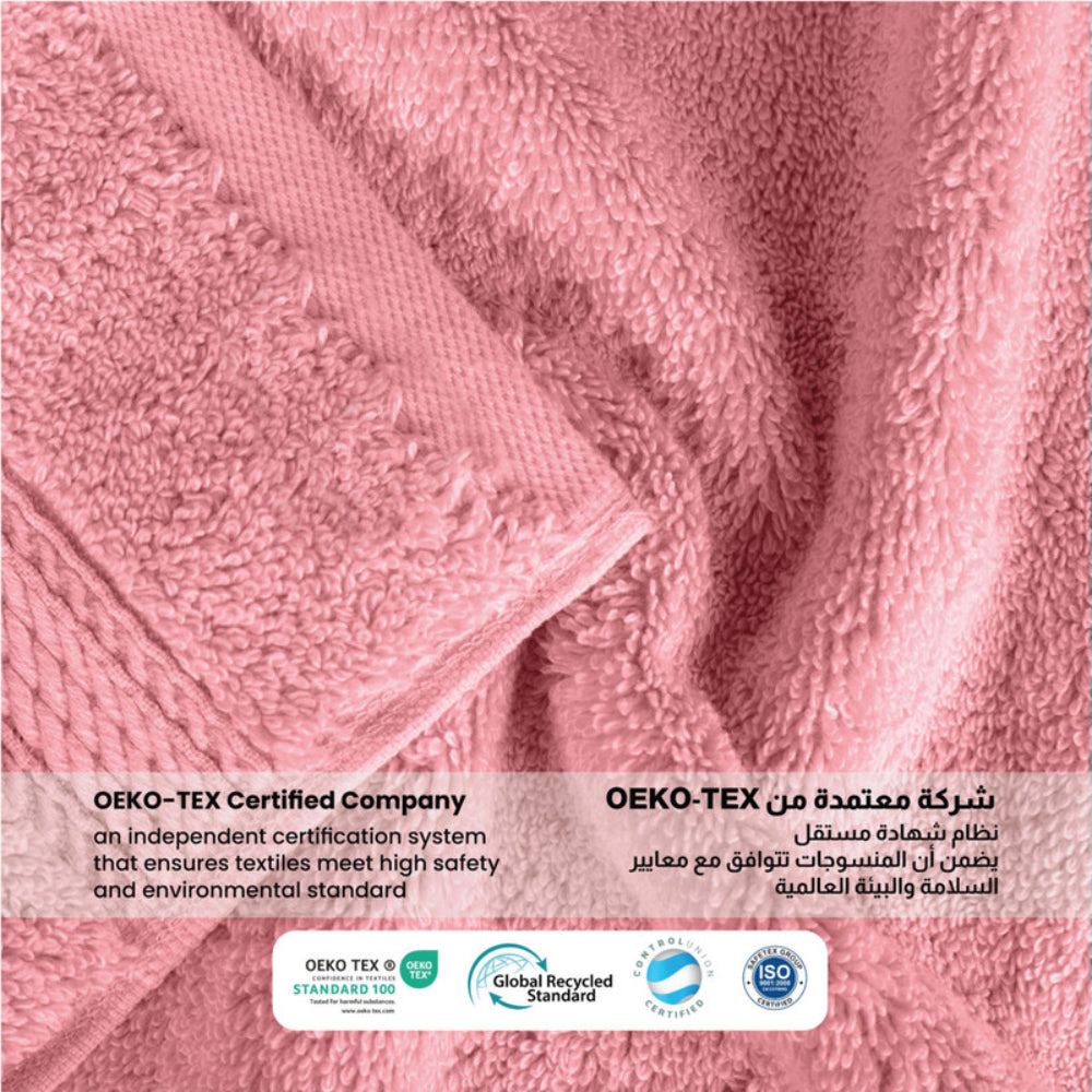 طقم مناشف قطنية فاخرة من كوتون هوم، مكون من 8 قطع: 4 مناشف للوجه (30×30 سم)، منشفتان لليدين (40×70 سم)، منشفتان للاستحمام (70×140 سم)، وزن 600 غرام/متر مربع، سريع الجفاف ومتين.