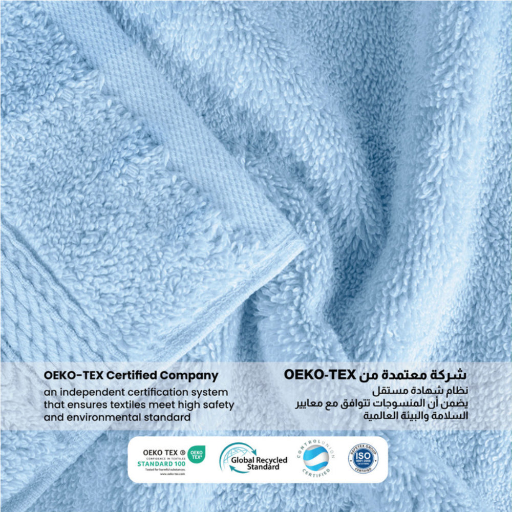 طقم مناشف قطنية فاخرة من كوتون هوم، مكون من 8 قطع: 4 مناشف للوجه (30×30 سم)، منشفتان لليدين (40×70 سم)، منشفتان للاستحمام (70×140 سم)، وزن 600 غرام/متر مربع، سريع الجفاف ومتين.