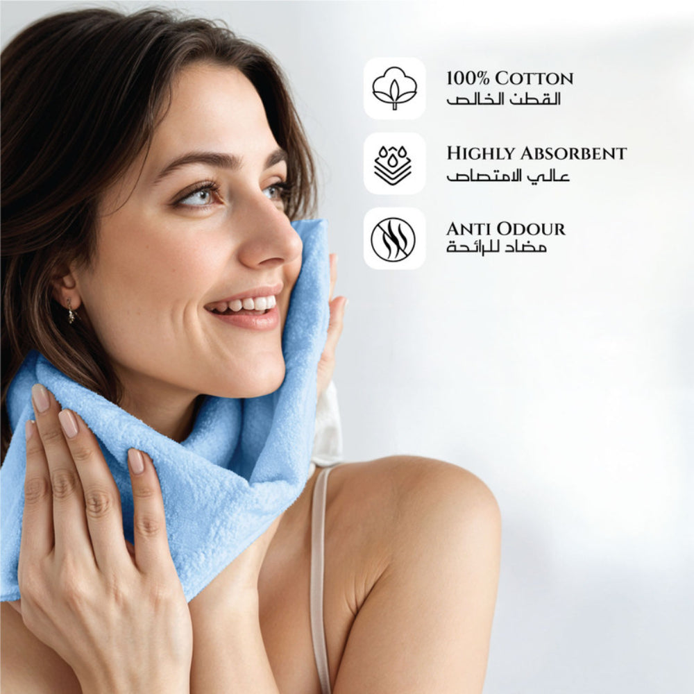 طقم مناشف قطنية فاخرة من كوتون هوم، مكون من 8 قطع: 4 مناشف للوجه (30×30 سم)، منشفتان لليدين (40×70 سم)، منشفتان للاستحمام (70×140 سم)، وزن 600 غرام/متر مربع، سريع الجفاف ومتين.
