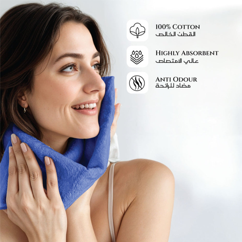 طقم مناشف قطنية فاخرة من كوتون هوم، مكون من 8 قطع: 4 مناشف للوجه (30×30 سم)، منشفتان لليدين (40×70 سم)، منشفتان للاستحمام (70×140 سم)، وزن 600 غرام/متر مربع، سريع الجفاف ومتين.