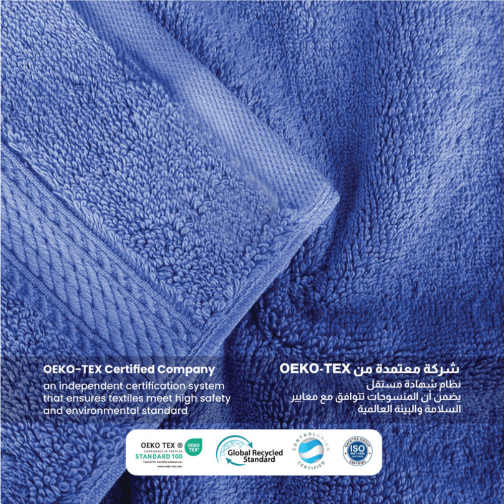 طقم مناشف قطنية فاخرة من كوتون هوم، مكون من 8 قطع: 4 مناشف للوجه (30×30 سم)، منشفتان لليدين (40×70 سم)، منشفتان للاستحمام (70×140 سم)، وزن 600 غرام/متر مربع، سريع الجفاف ومتين.