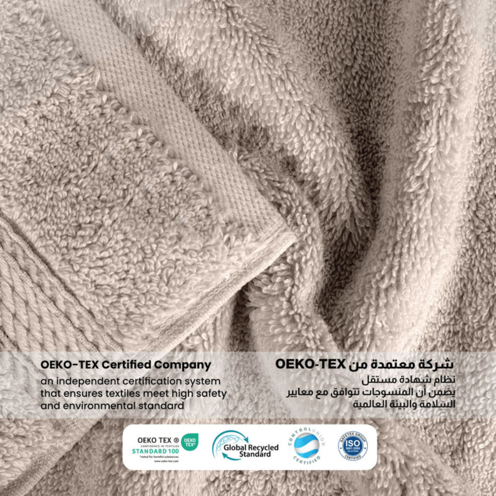 طقم مناشف قطنية فاخرة من كوتون هوم، مكون من 8 قطع: 4 مناشف للوجه (30×30 سم)، منشفتان لليدين (40×70 سم)، منشفتان للاستحمام (70×140 سم)، وزن 600 غرام/متر مربع، سريع الجفاف ومتين.