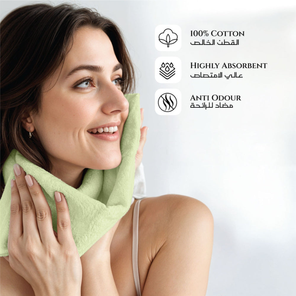 طقم مناشف قطنية فاخرة من كوتون هوم، مكون من 8 قطع: 4 مناشف للوجه (30×30 سم)، منشفتان لليدين (40×70 سم)، منشفتان للاستحمام (70×140 سم)، وزن 600 غرام/متر مربع، سريع الجفاف ومتين.