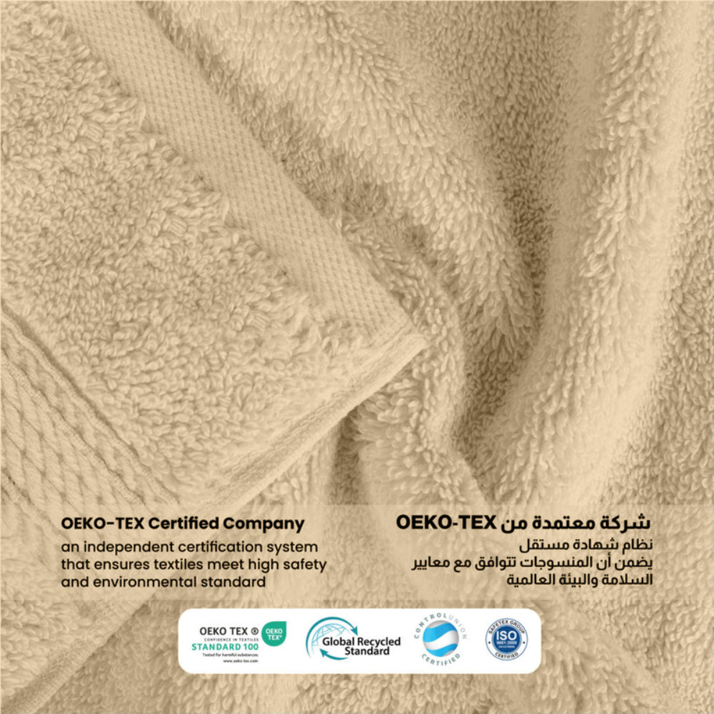 طقم مناشف قطنية فاخرة من كوتون هوم، مكون من 8 قطع: 4 مناشف للوجه (30×30 سم)، منشفتان لليدين (40×70 سم)، منشفتان للاستحمام (70×140 سم)، وزن 600 غرام/متر مربع، سريع الجفاف ومتين.