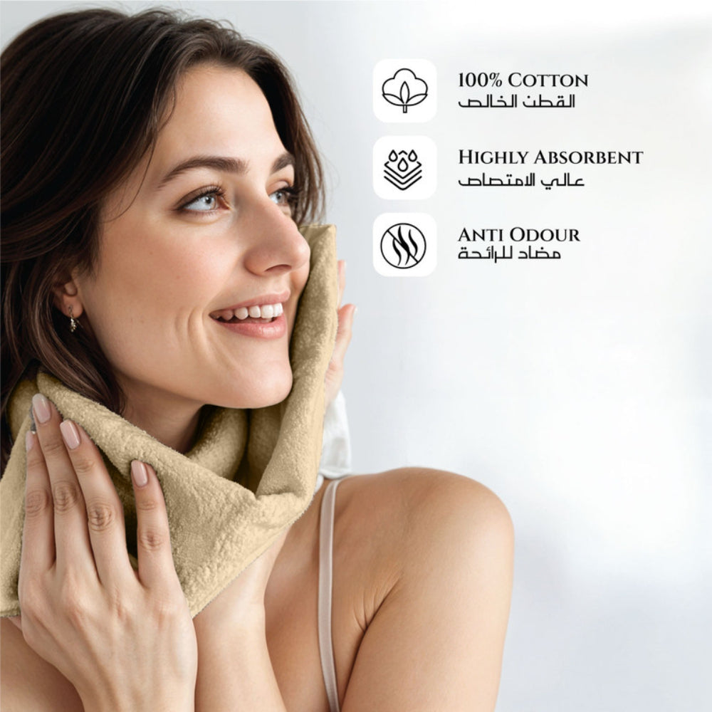 طقم مناشف قطنية فاخرة من كوتون هوم، مكون من 8 قطع: 4 مناشف للوجه (30×30 سم)، منشفتان لليدين (40×70 سم)، منشفتان للاستحمام (70×140 سم)، وزن 600 غرام/متر مربع، سريع الجفاف ومتين.