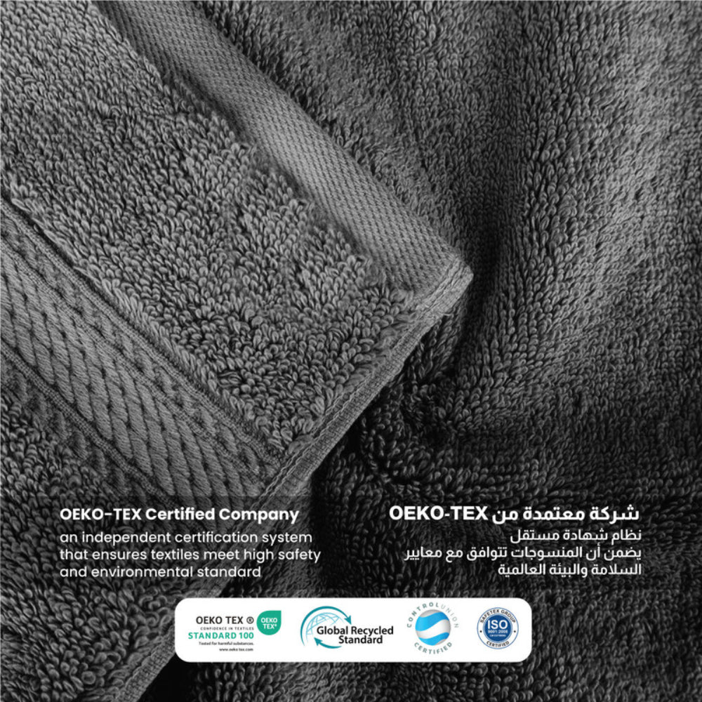 طقم مناشف قطنية فاخرة من كوتون هوم، مكون من 8 قطع: 4 مناشف للوجه (30×30 سم)، منشفتان لليدين (40×70 سم)، منشفتان للاستحمام (70×140 سم)، وزن 600 غرام/متر مربع، سريع الجفاف ومتين.