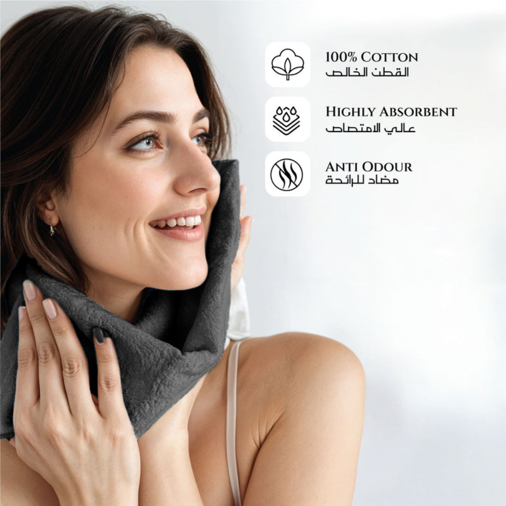 طقم مناشف قطنية فاخرة من كوتون هوم، مكون من 8 قطع: 4 مناشف للوجه (30×30 سم)، منشفتان لليدين (40×70 سم)، منشفتان للاستحمام (70×140 سم)، وزن 600 غرام/متر مربع، سريع الجفاف ومتين.