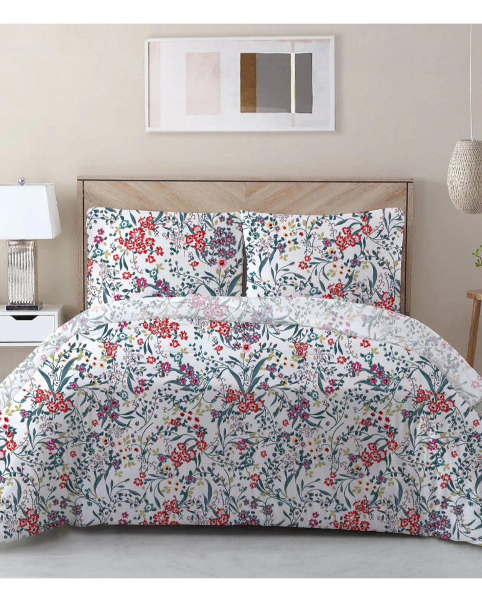 طقم لحاف برستين مطبوع من 3 قطع من القطن الساتان 225T من Cotton Home، مزهر باللون الأحمر، مكون من 3 قطع