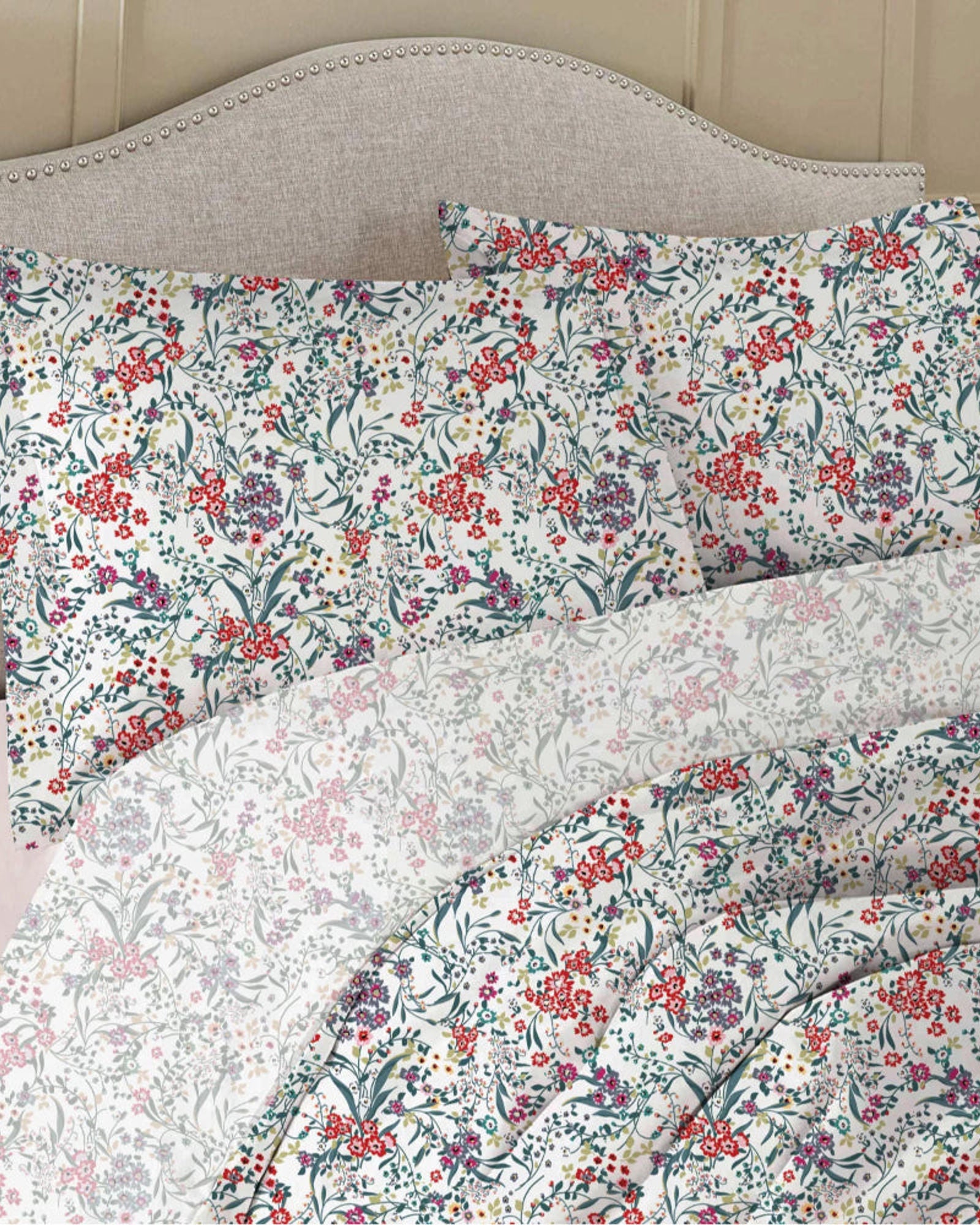 طقم لحاف برستين مطبوع من 3 قطع من القطن الساتان 225T من Cotton Home، مزهر باللون الأحمر، مكون من 3 قطع