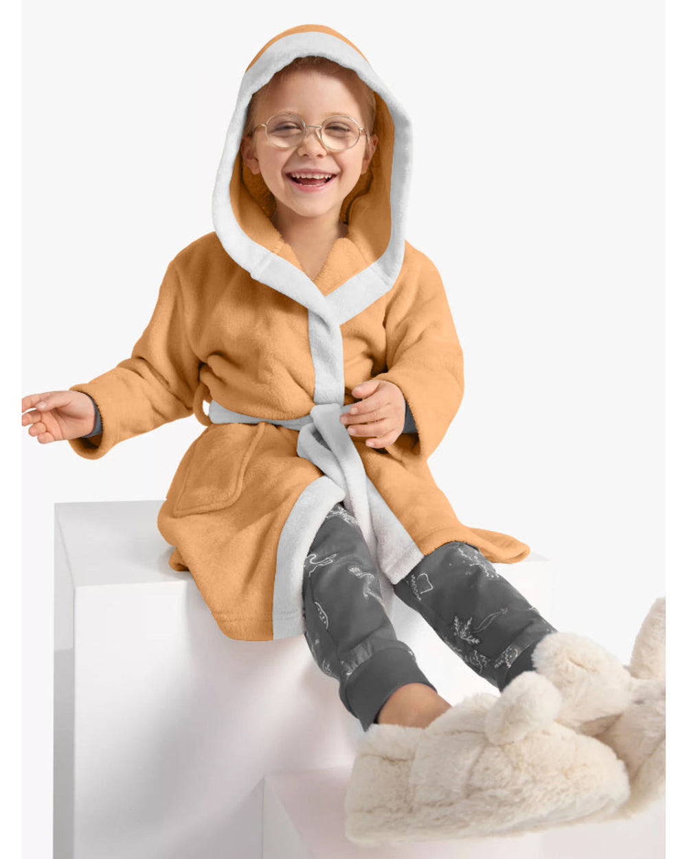 رداء حمام قطني للأطفال مطرز بدب مع غطاء رأس وحزام ربط - لون خوخي