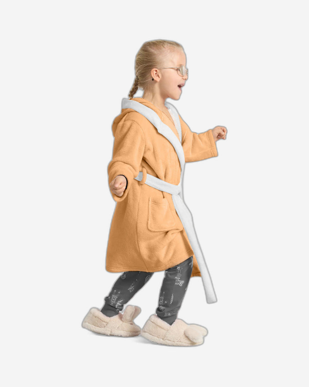 رداء حمام قطني للأطفال مطرز بدب مع غطاء رأس وحزام ربط - لون خوخي