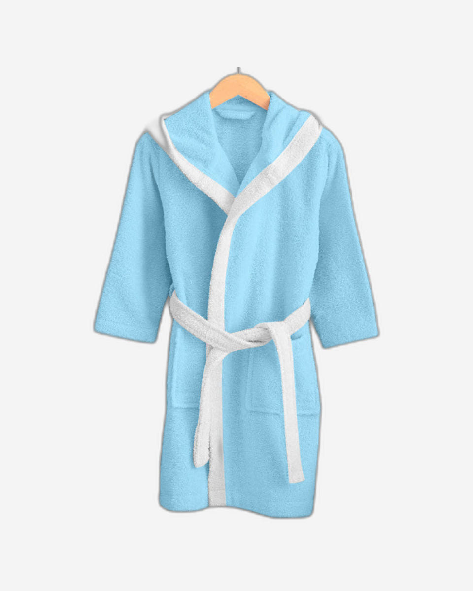 رداء حمام للأطفال من القطن المنزلي بنقشة باندا مع غطاء رأس وحزام ربط - أزرق مائي