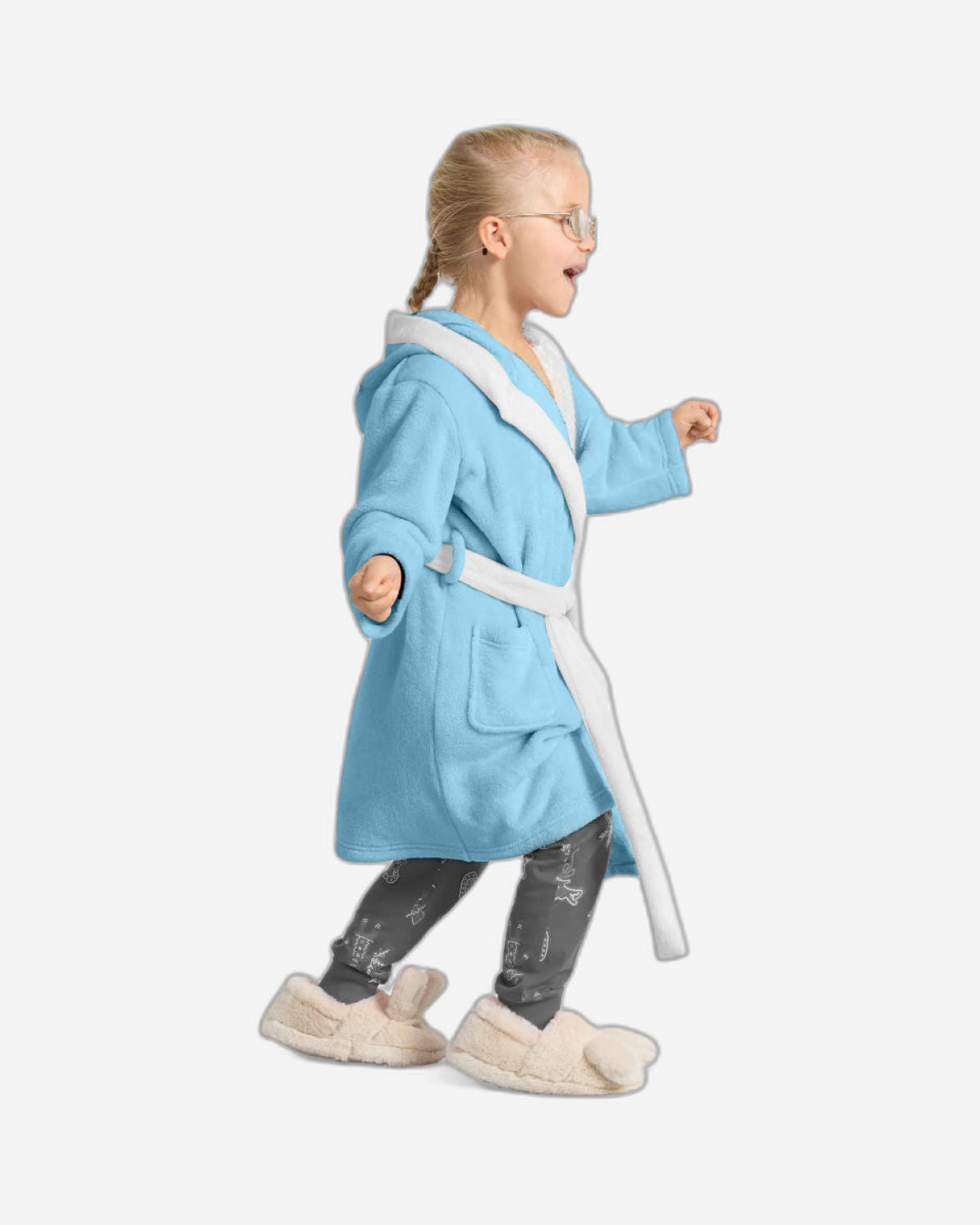 رداء حمام للأطفال من القطن المنزلي بنقشة باندا مع غطاء رأس وحزام ربط - أزرق مائي