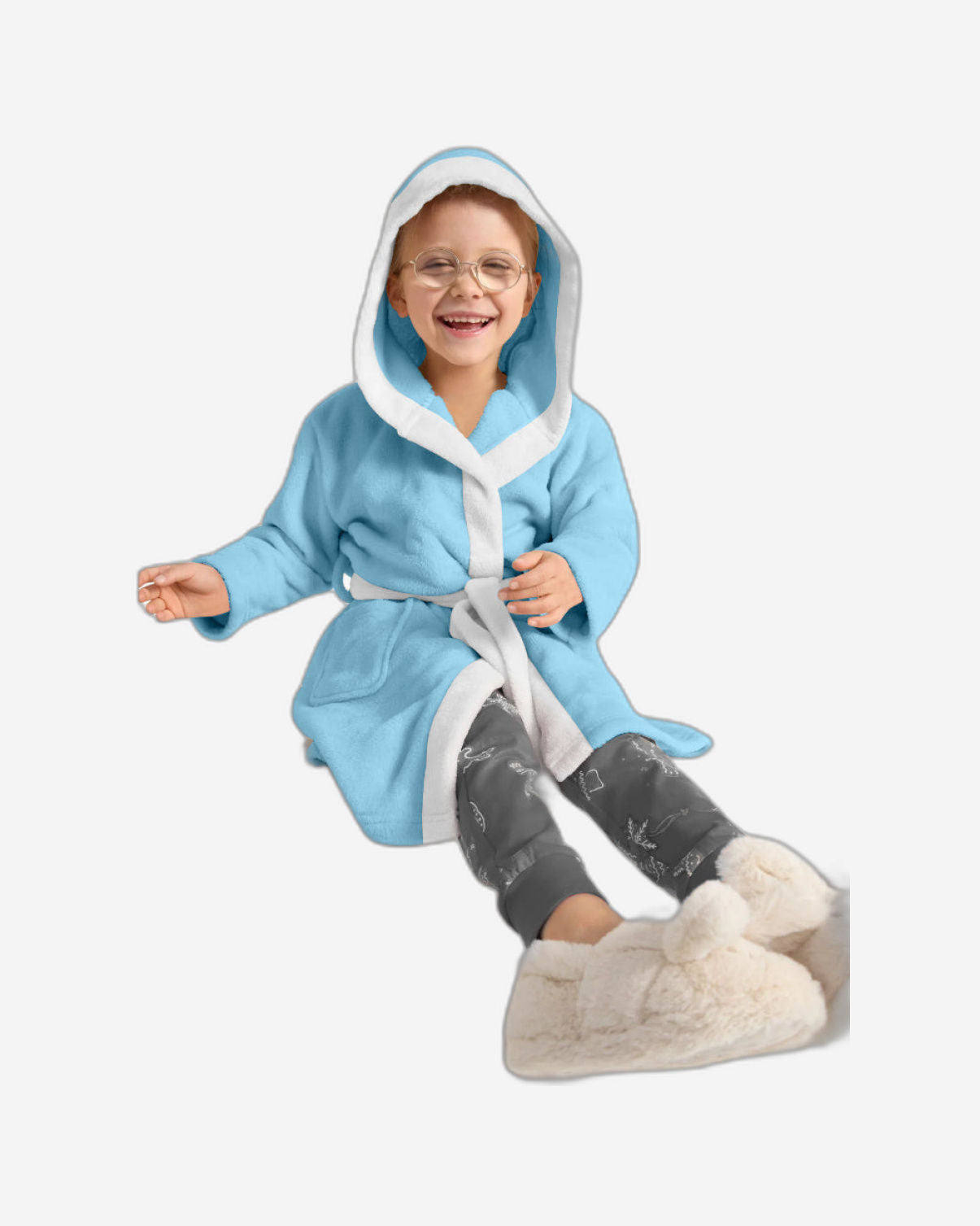 رداء حمام للأطفال من القطن المنزلي بنقشة باندا مع غطاء رأس وحزام ربط - أزرق مائي