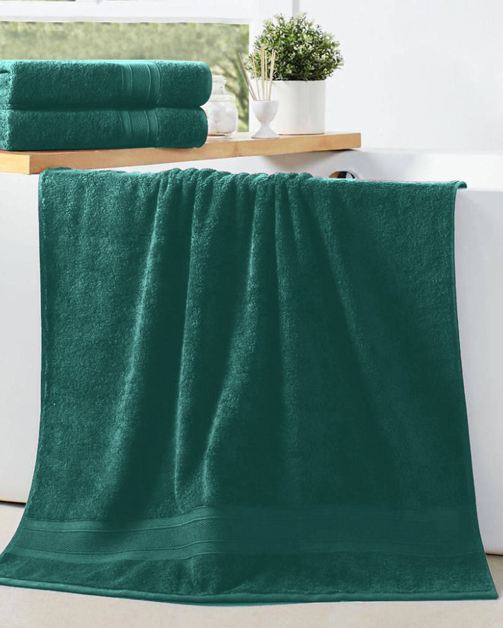 طقم مناشف حمام قطنية منزلية مكون من قطعتين بلون النعناع الداكن