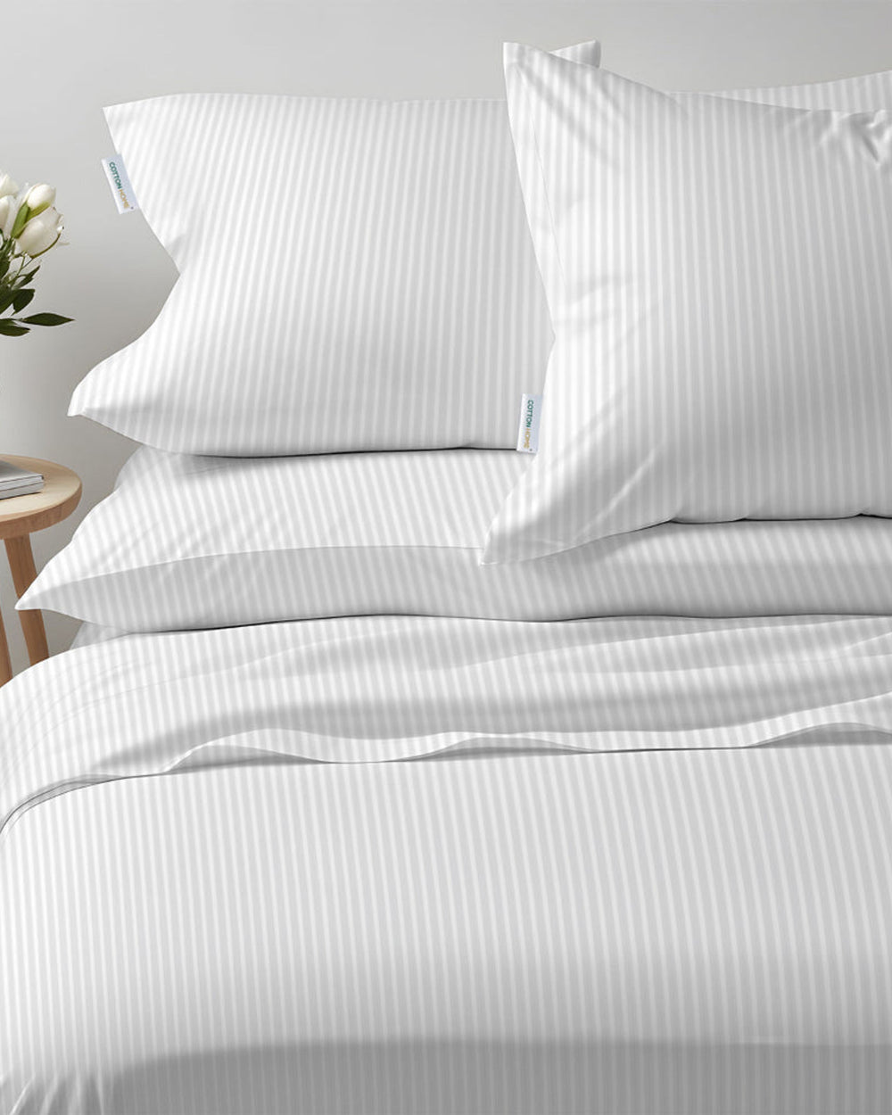 طقم غطاء لحاف مخطط من القطن المنزلي مكون من 6 قطع باللون الأبيض