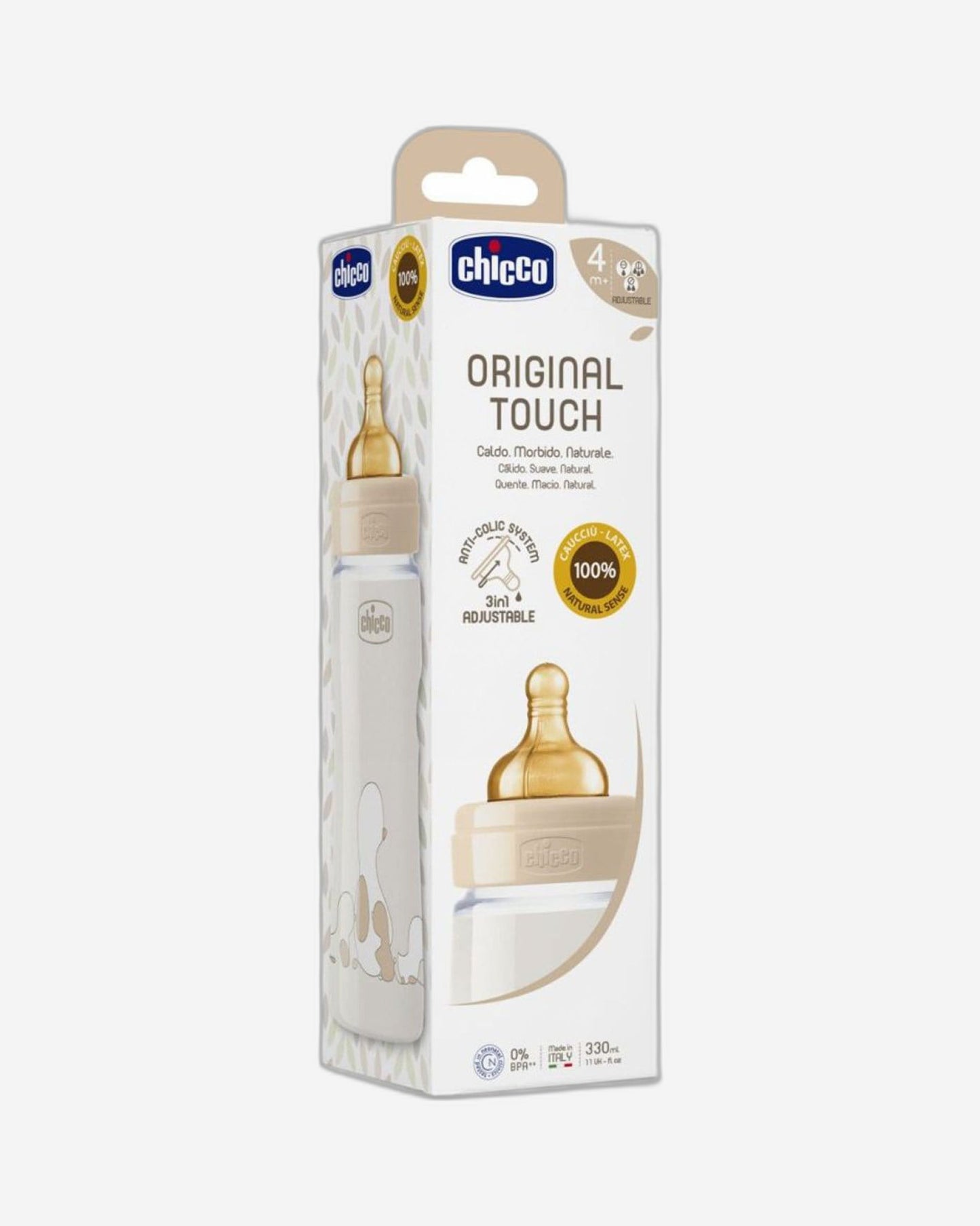 زجاجة رضاعة أصلية من تشيكو، سعة 330 مل، تدفق قابل للتعديل، من عمر 4 أشهر فما فوق، مصنوعة من مادة اللاتكس المحايدة
