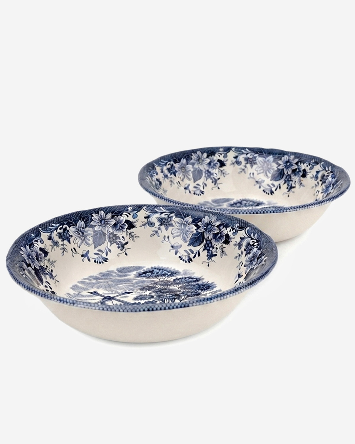Claytan Classic Blue Windmill & Floral Pattern Earthenware Salad Bowl, 9.3 Inch, White