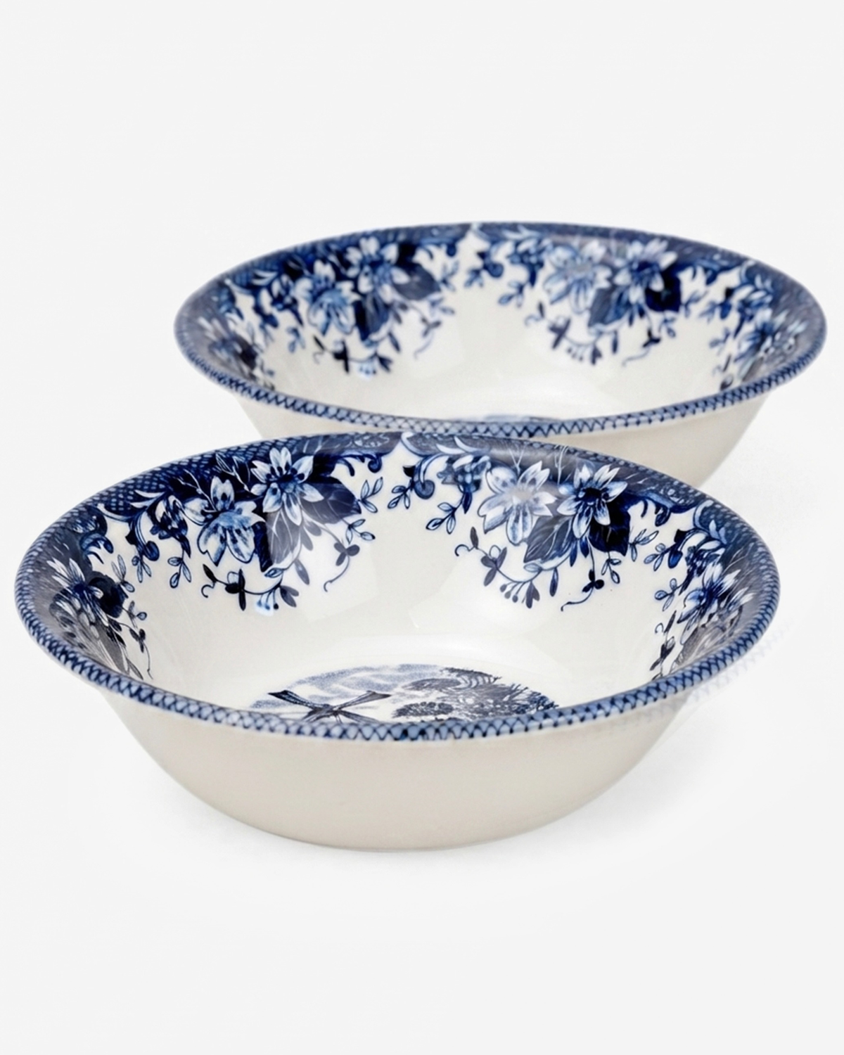 Claytan Classic Blue Windmill & Floral Pattern Earthenware Cereal Bowl, 6.2 Inch, White
