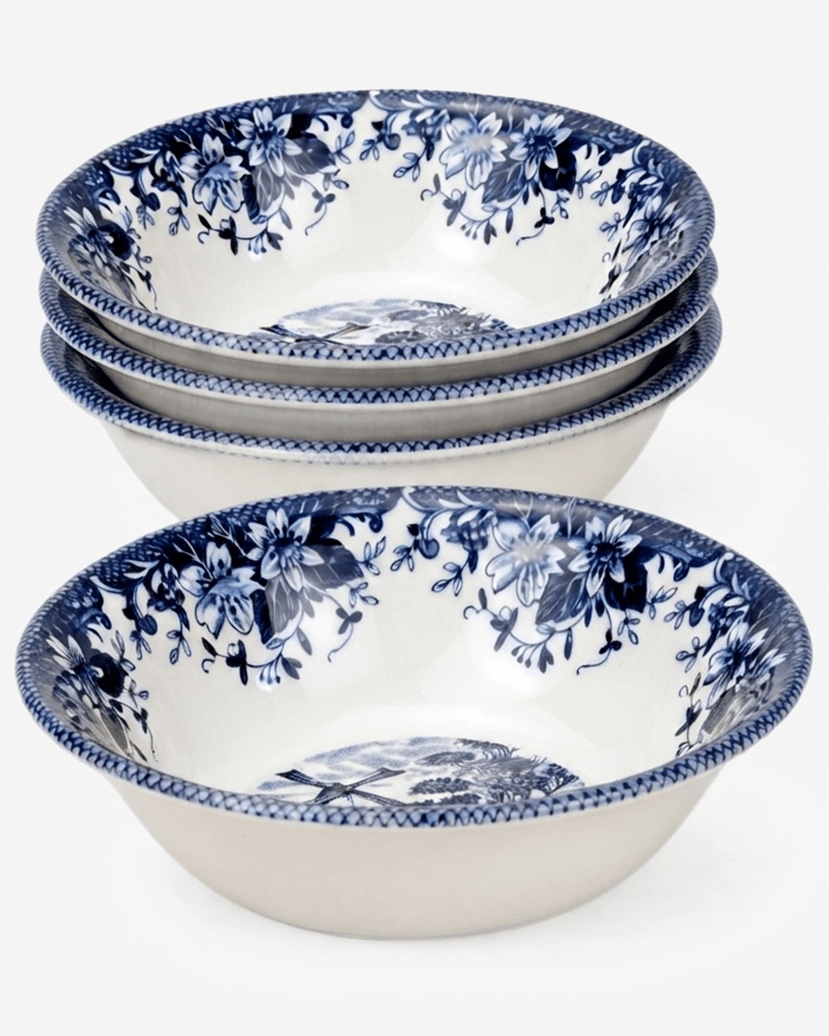 Claytan Classic Blue Windmill & Floral Pattern Earthenware Cereal Bowl, 6.2 Inch, White, Set of 4