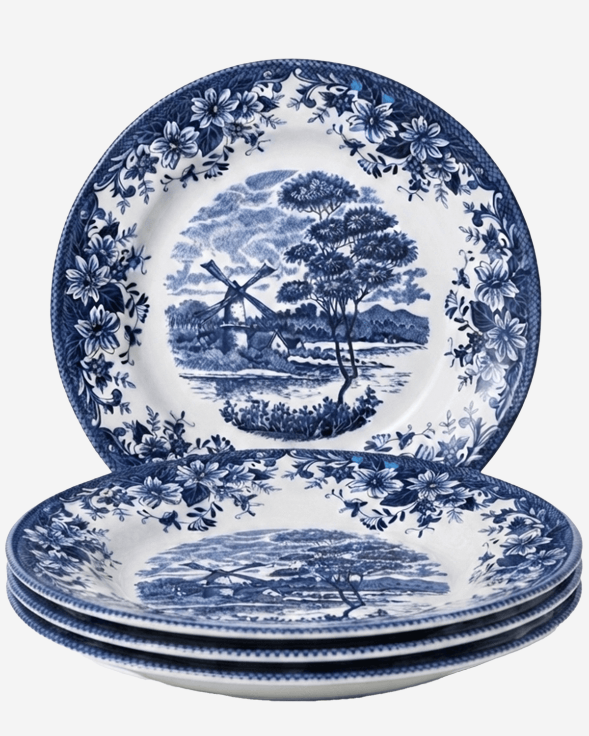 Claytan Classic Blue Windmill & Floral Pattern Earthenware Dinner Plate, 10.2 Inch, White, Set of 4