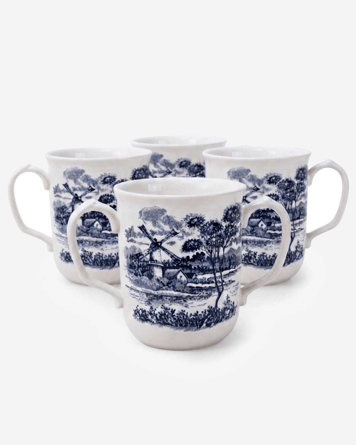 Claytan Classic Blue Windmill Pattern Earthenware Mug, 340ml, White, Set of 4