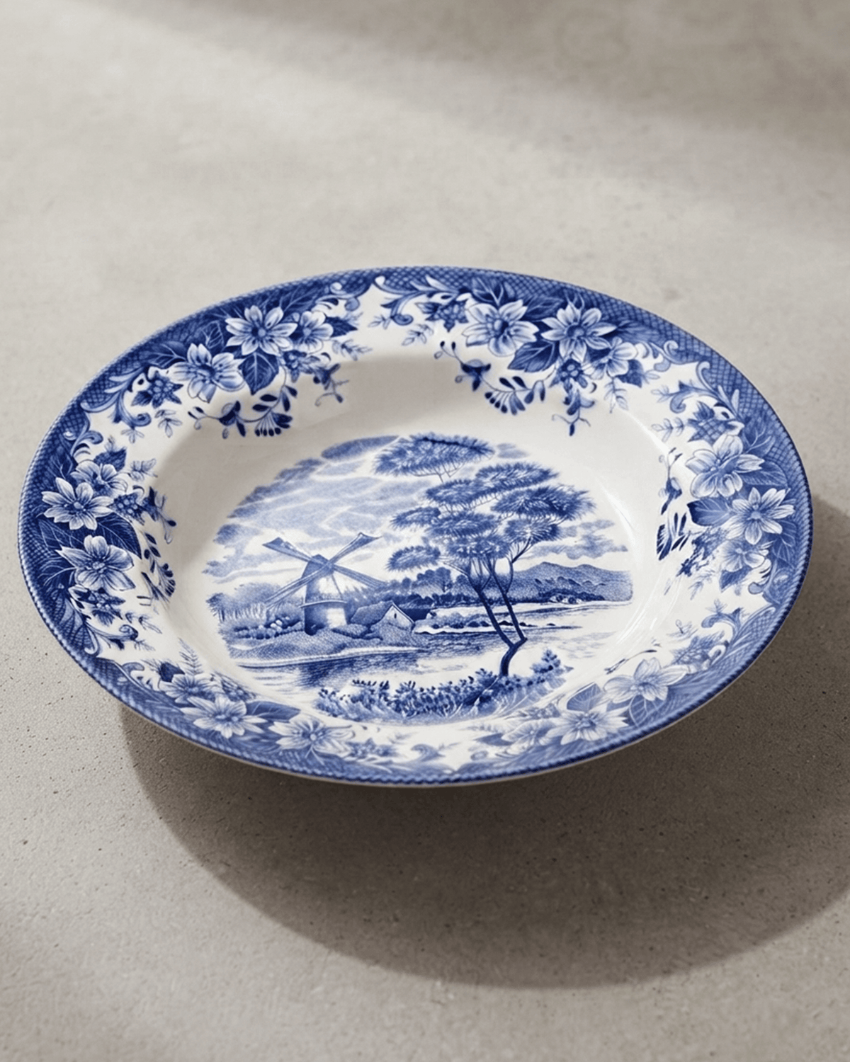 Claytan Classic Blue Windmill & Floral Pattern Earthenware Soup & Pasta Plate, 9.2 Inch, White, Set of 6