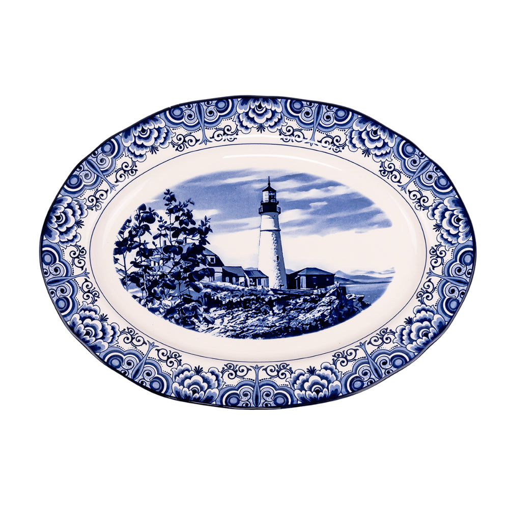 Claytan Lighthouse Blue 14.2-Inch Ceramic Oval Platter (Set of 1)