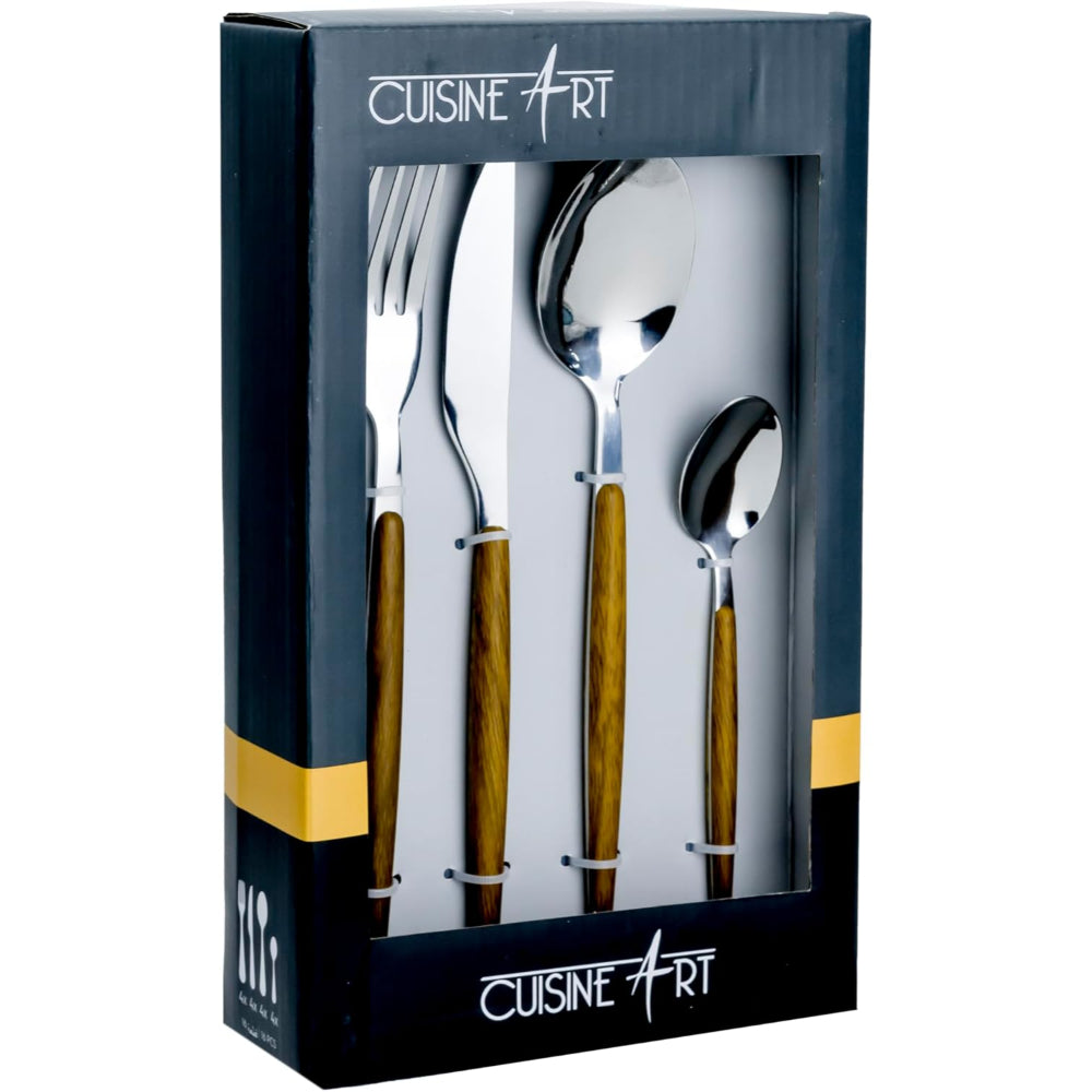 مجموعة أدوات مائدة فيسبر من كويزين آرت، مكونة من 16 قطعة - أدوات مائدة أنيقة من الخشب والفولاذ المقاوم للصدأ