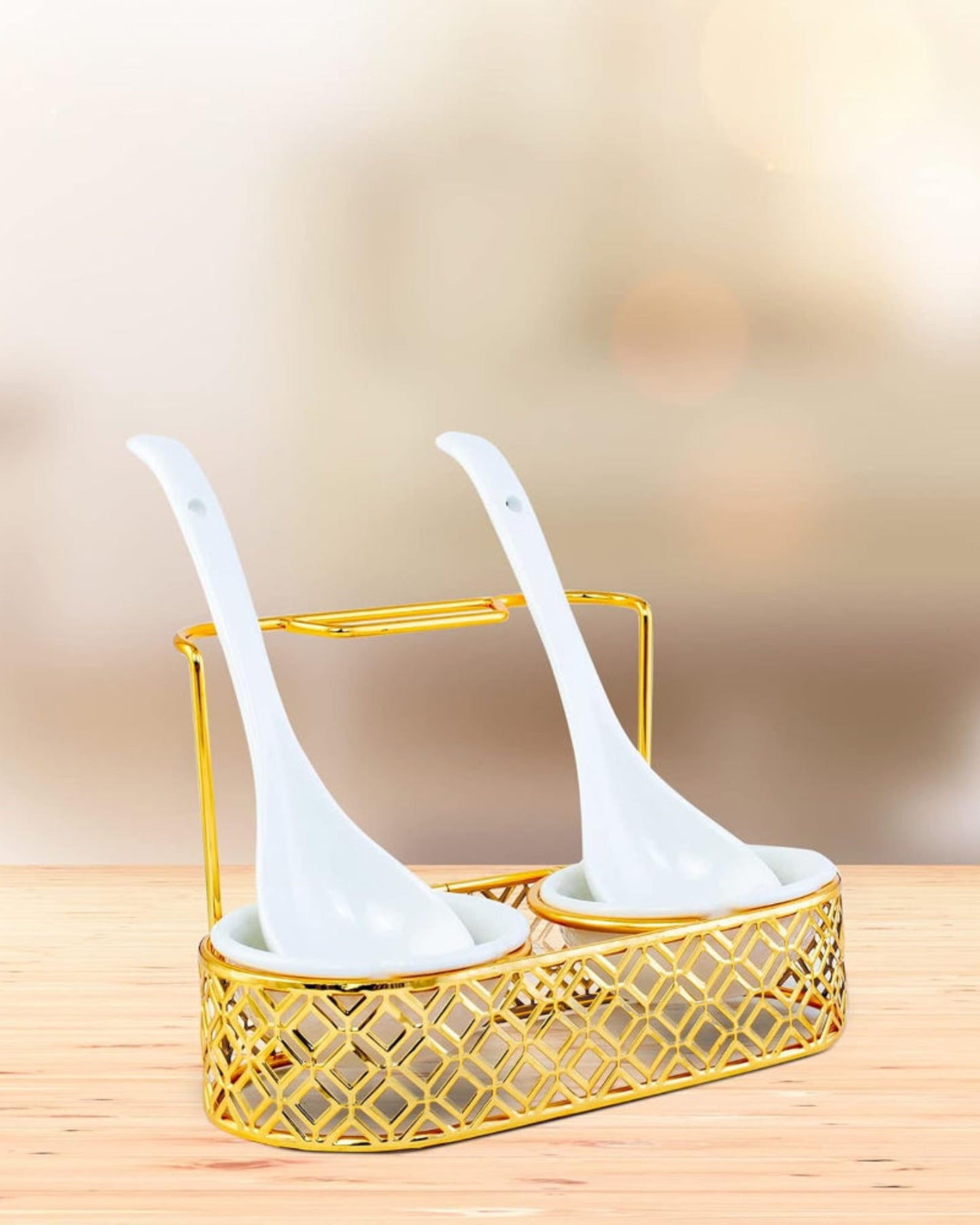 مسند ملاعق مغرفة مزدوجة ضحلة وملاعق تقديم مع حامل معدني ذهبي