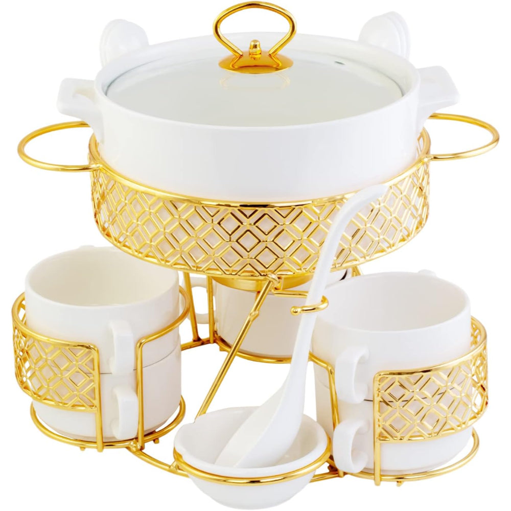 طقم شوربة أبيض شالو CX1526S مع حامل معدني ذهبي - 17 قطعة | طقم شوربة أنيق مع حامل معدني ذهبي، لون أبيض وذهبي