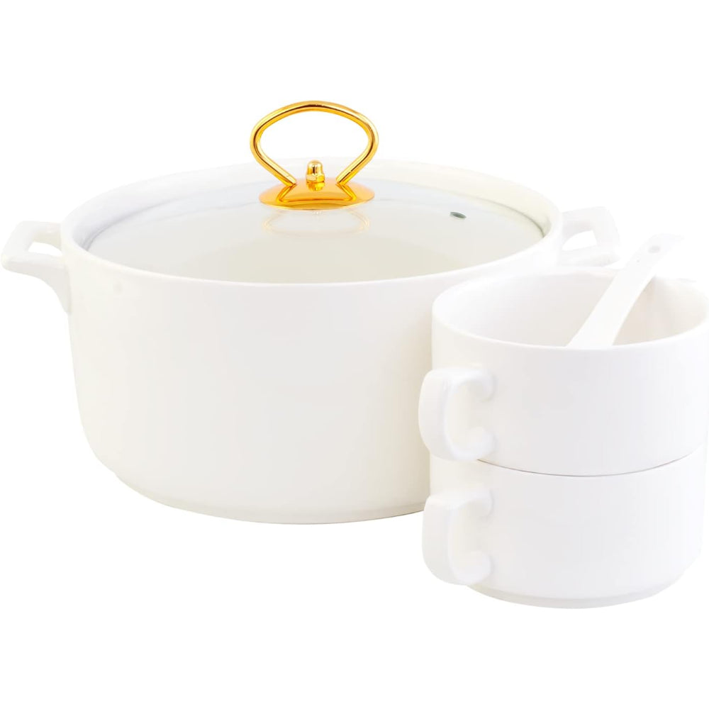 طقم شوربة أبيض شالو CX1526S مع حامل معدني ذهبي - 17 قطعة | طقم شوربة أنيق مع حامل معدني ذهبي، لون أبيض وذهبي