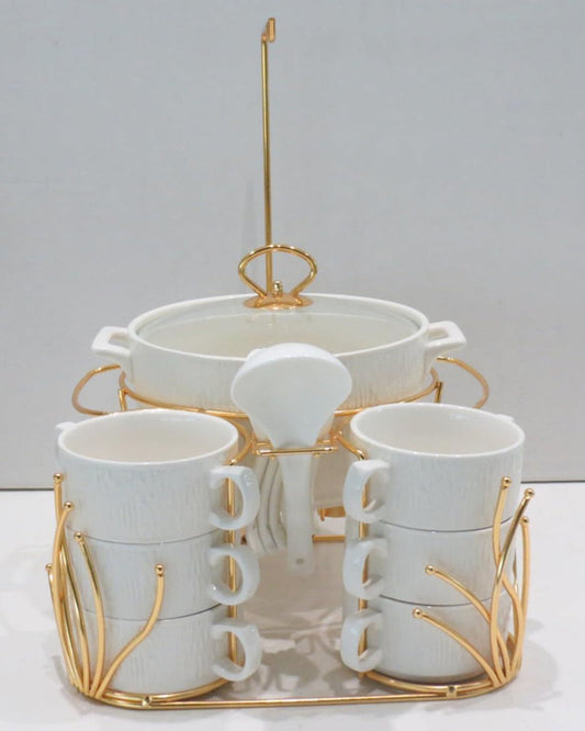 طقم شوربة من البورسلين الضحل، ١٦ قطعة - أناقة باللونين الأبيض والذهبي - موديل CX1828-NG