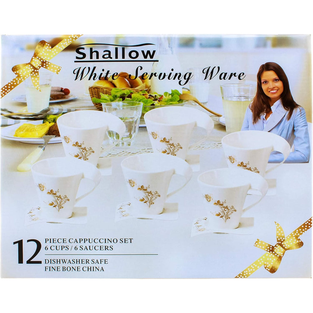 طقم فناجين وصحون من البورسلين الضحل، ١٢ قطعة، ٢٠٠ مل | طقم شاي وقهوة أبيض أنيق
