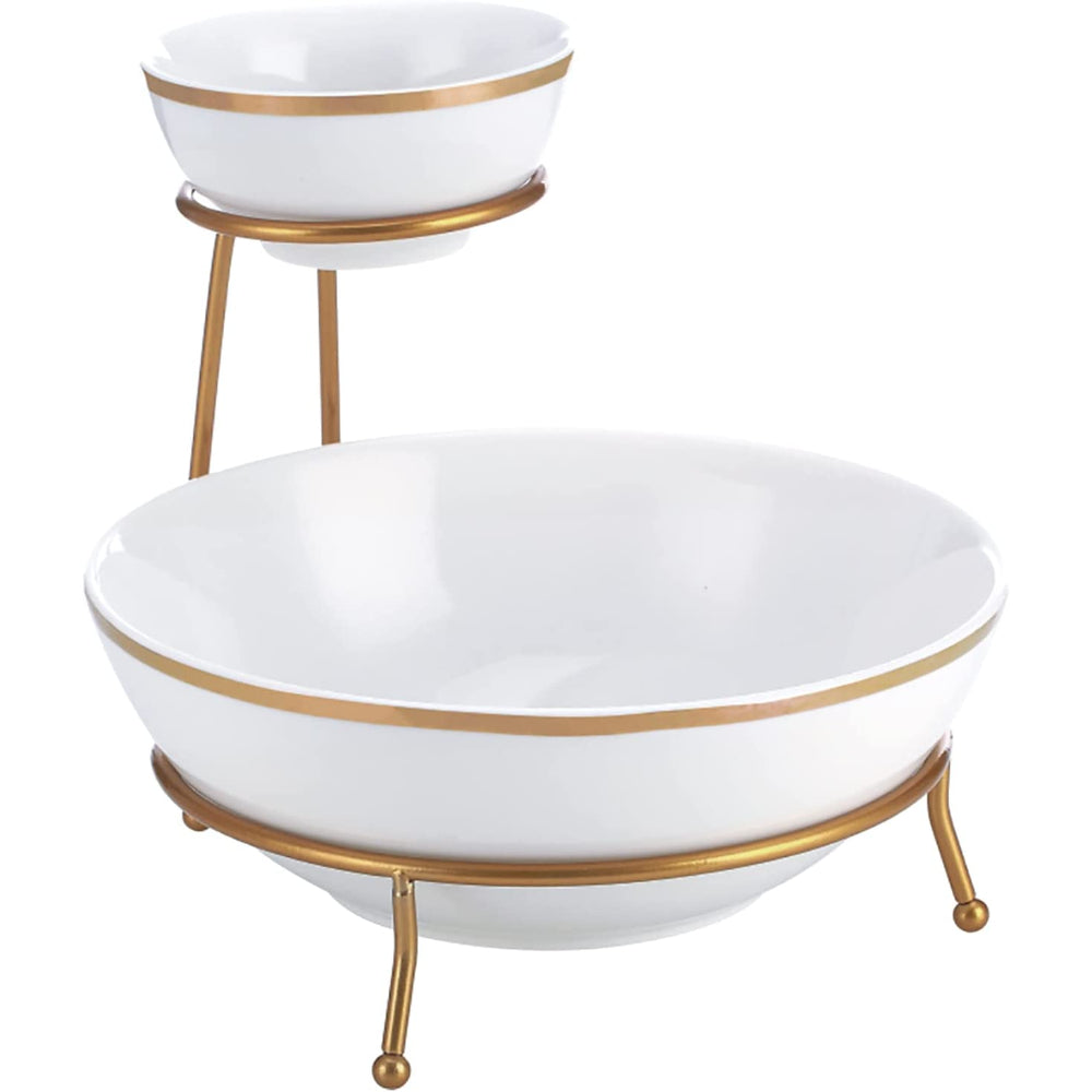 Shallow 4.75"/9.25" Chip & Dip Bowl Set With Gold Stand and Decal, Tied Serving Tray Food Display Dessert Appetizer, Serving Plate Set for Parties, Gold, White/Gold