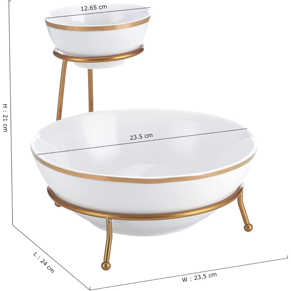 طقم أوعية رقائق وصلصة ضحلة 4.75 بوصة/9.25 بوصة مع حامل وملصق ذهبي، وصينية تقديم مربوطة لعرض الطعام والحلوى والمقبلات، ومجموعة أطباق تقديم للحفلات، ذهبي، أبيض/ذهبي