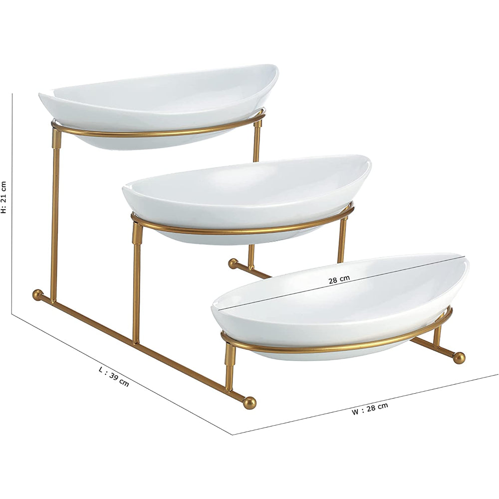 وعاء بيضاوي مسطح 11 بوصة بثلاث طبقات مع حامل ذهبي، صينية تقديم مربوطة لعرض الطعام والحلوى والمقبلات، وعاء تقديم وطبق غمس رقائق الفاكهة للحفلات، ذهبي، أبيض/ذهبي