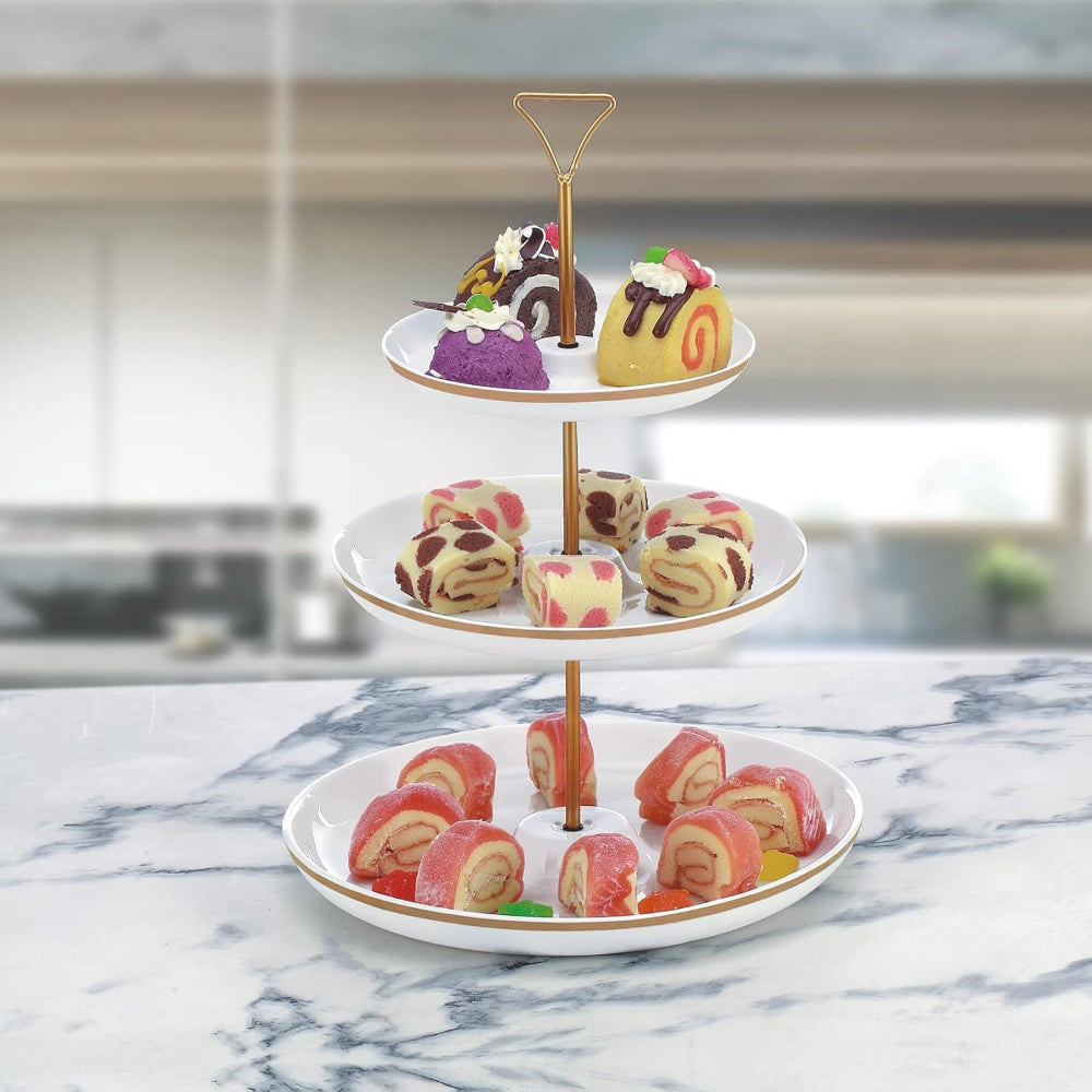 طبق دائري من الخزف العظمي الصيني، 3 طبقات، 7/9/11 بوصة، مع حامل وملصق ذهبي، صينية تقديم مربوطة لعرض الطعام والحلوى والمقبلات، طقم أطباق تقديم للحفلات، ذهبي، أبيض/ذهبي، DY178-DG