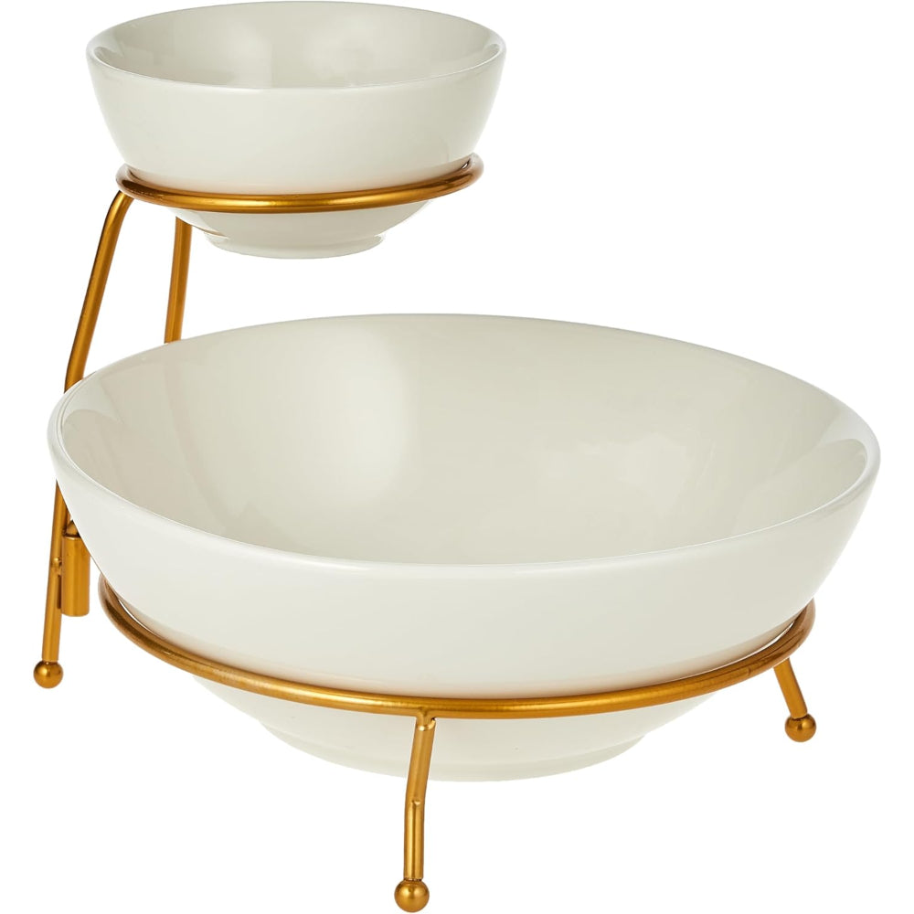 Shallow Chip and Dip Serving Set, 2-Tier Chip and Dip Bowls with Stand, White/Gold – Elegant Porcelain Snack Serving Set for Parties