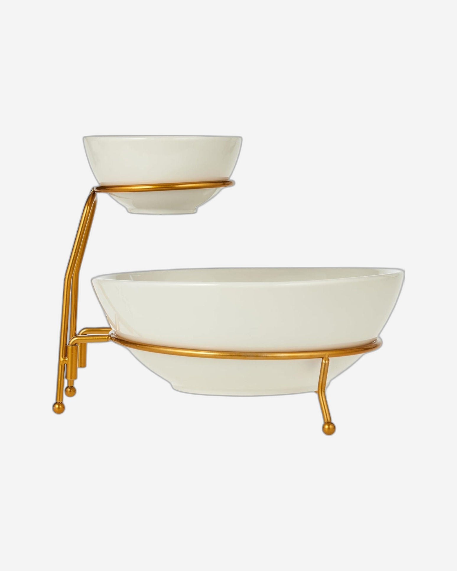 طقم تقديم رقائق البطاطس والصلصة، وعاءان من طبقتين للرقائق والصلصة مع حامل، أبيض/ذهبي - طقم تقديم أنيق من البورسلين للحفلات