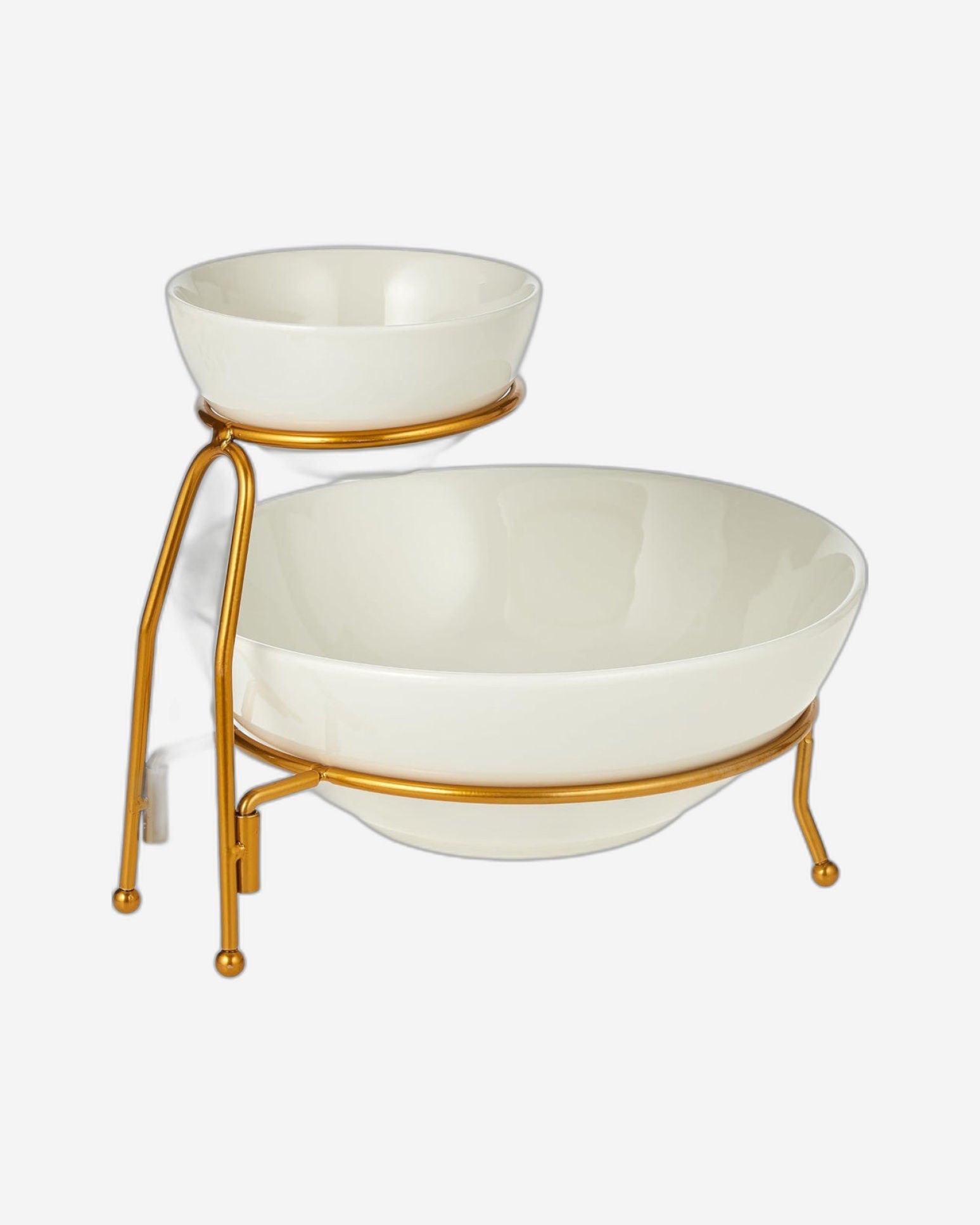 طقم تقديم رقائق البطاطس والصلصة، وعاءان من طبقتين للرقائق والصلصة مع حامل، أبيض/ذهبي - طقم تقديم أنيق من البورسلين للحفلات