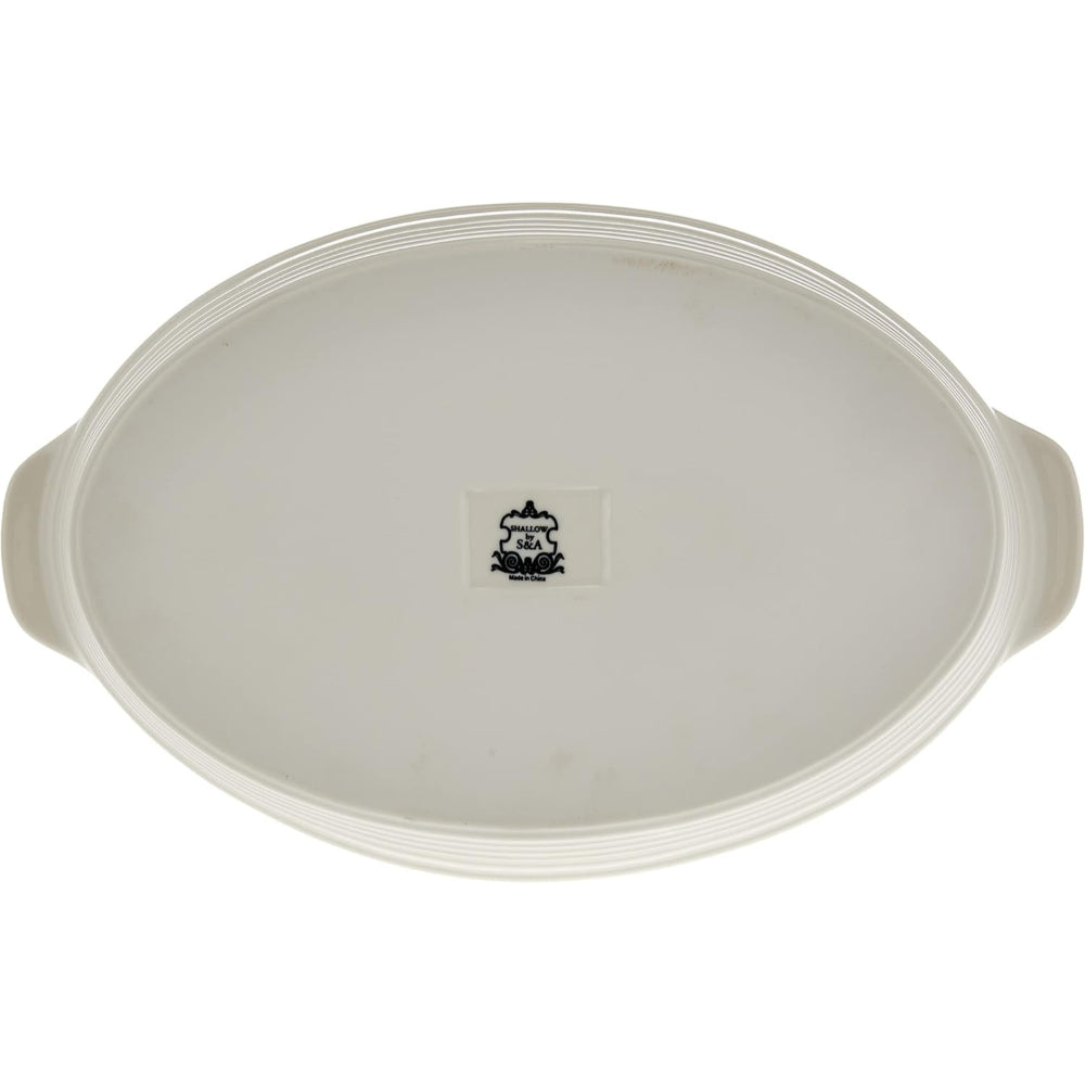 طقم أطباق تقديم وخبز بورسلين أنيق، أبيض، من طبقتين بيضاويتين، مقاس 16 بوصة/8 بوصة، مع حامل ذهبي