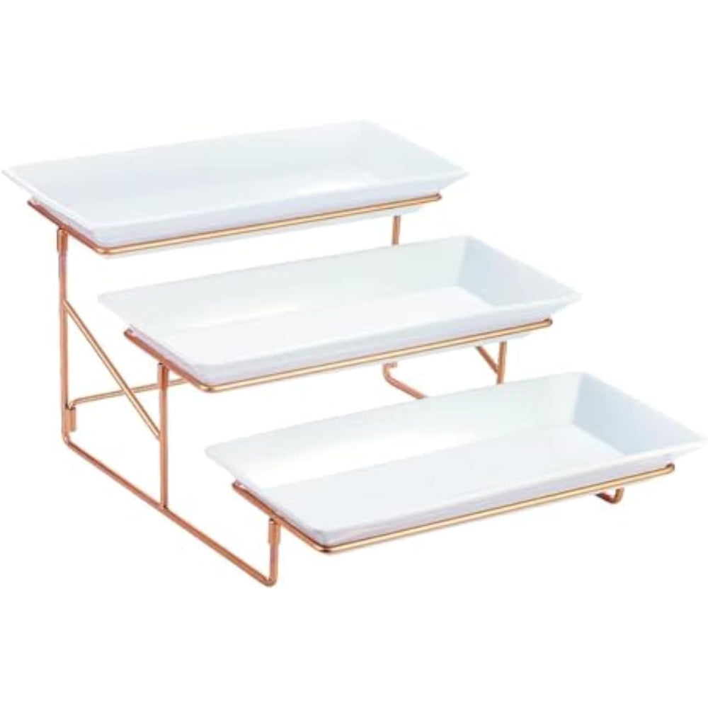 Bone China Shallow 14.5" 3-Tier Rectangular Plate with Gold Stand – Elegant Serving Set, White and Gold Design