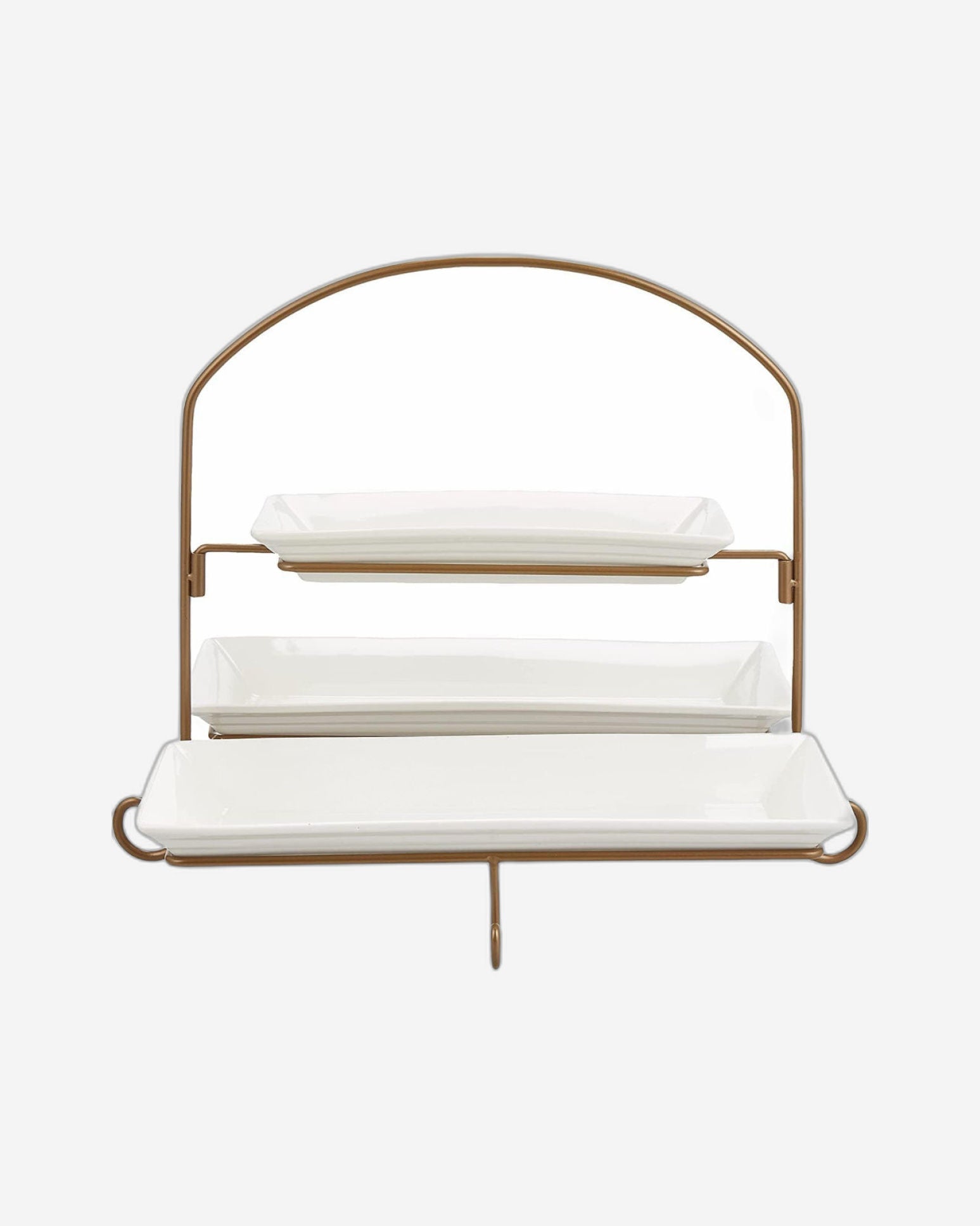 طبق مستطيل ضحل من طبقتين مع حامل ورف ذهبي - طقم تقديم من البورسلين (27 سم × 1، 37 سم × 2) - تصميم أنيق أبيض/ذهبي