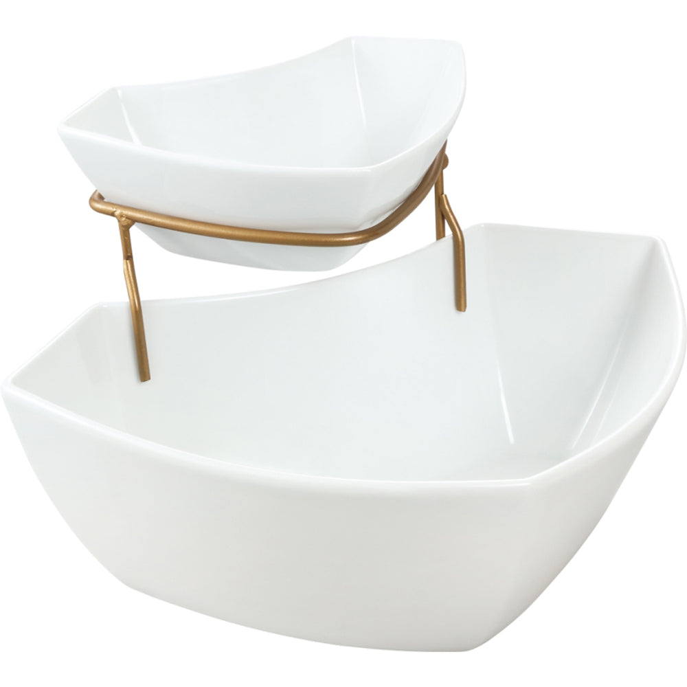 Shallow Porcelain Dip & Chip 2-Piece Set with Gold Stand, White, 30 cm – Elegant Serving Set for Appetizers and Snacks